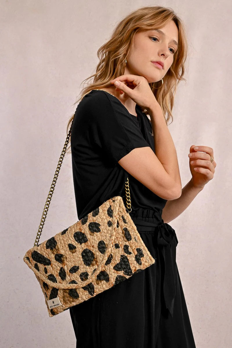 Leopard Print Straw Clutch