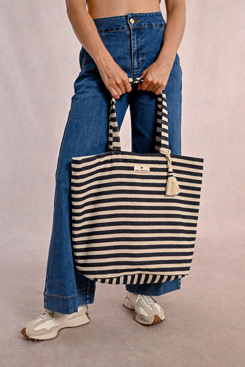 Striped Braided Woven Tote Bag